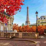 Kulla Eifel në Paris, me pemë me gjethe të kuqe e të arta dhe ndërtesa historike në plan të parë.