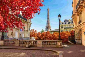 Kulla Eifel në Paris, me pemë me gjethe të kuqe e të arta dhe ndërtesa historike në plan të parë.